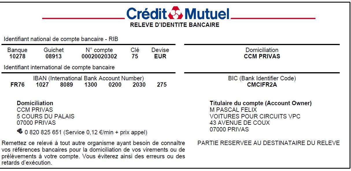 IBAN FR76 1027 8089 1300 0200 2030 275 BIC Swift CMCIFR2A VPC